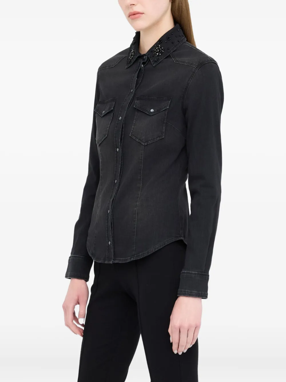 Liu •jo Rhinestone-embellished Denim Shirt In Black
