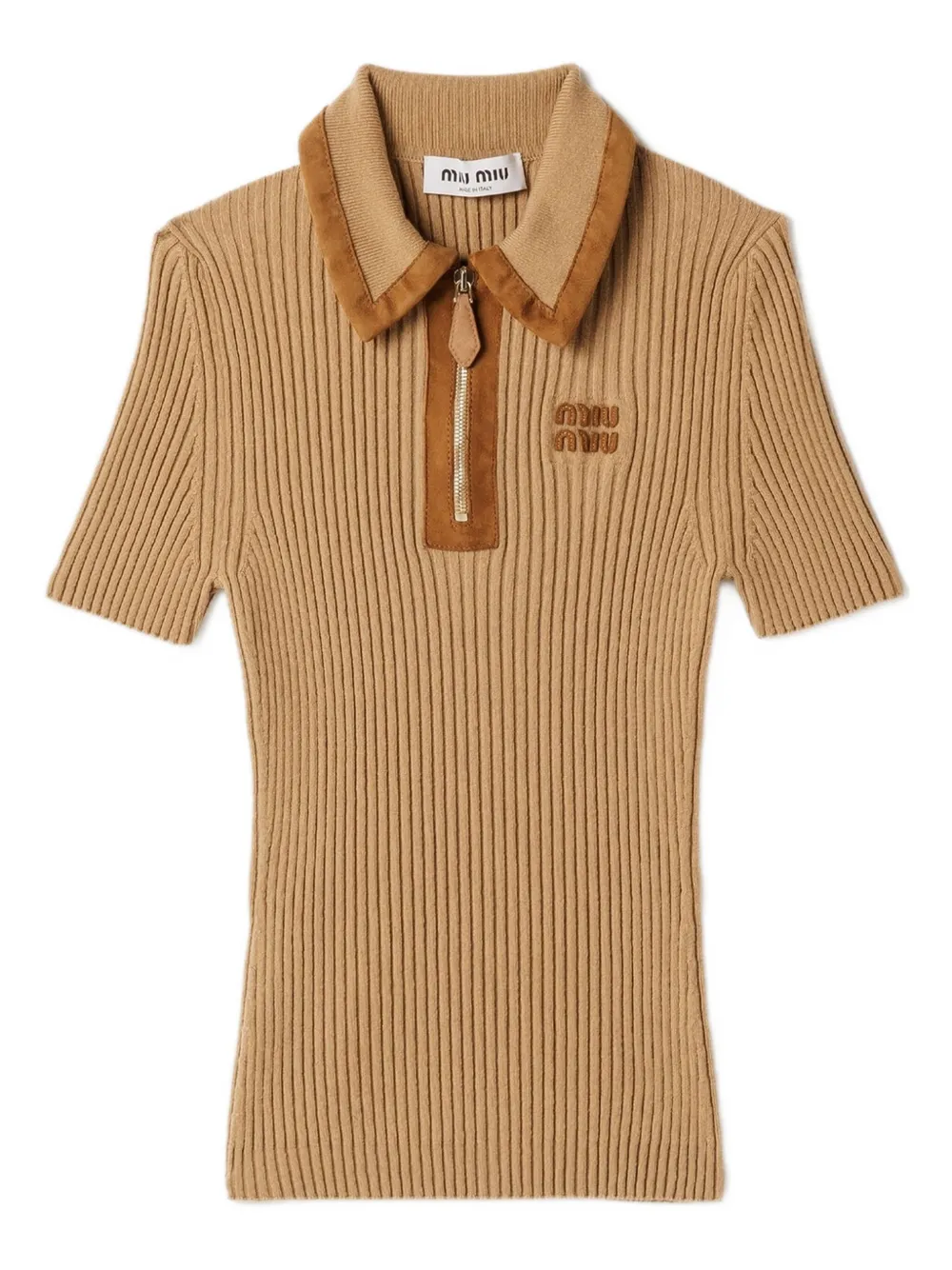 Miu Miu Ribbed Trimmed Polo Sweater In Brown