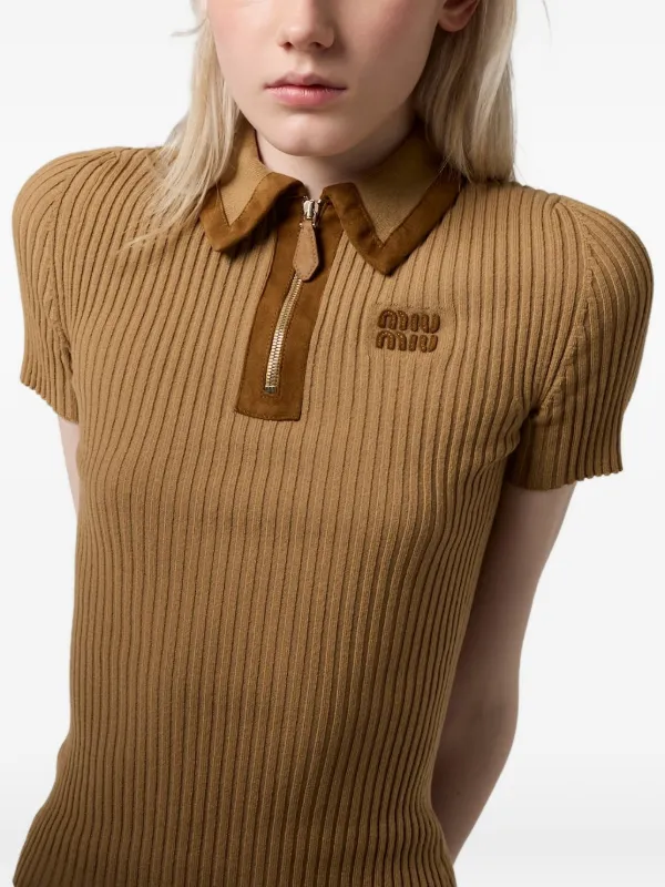 Miu Miu Ribbed Knit Cashmere Polo Sweater | Brown | FARFETCH