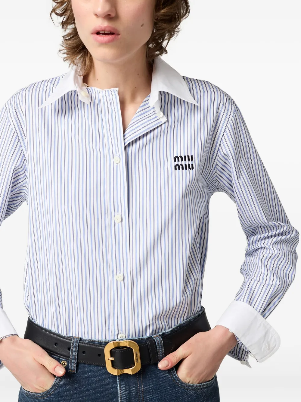 Miu striped logo-embroidered shirt Blauw
