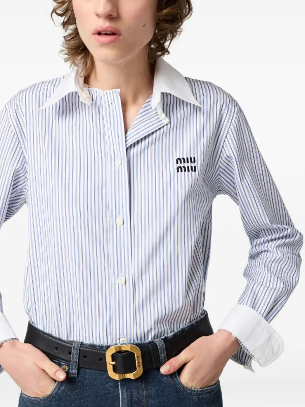 Miu Miu Striped logo-embroidered Shirt | Blue | FARFETCH