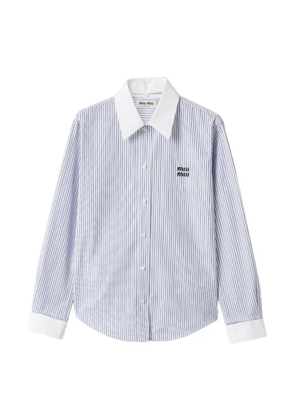 Miu Miu Striped Logo-embroidered Shirt in Blue