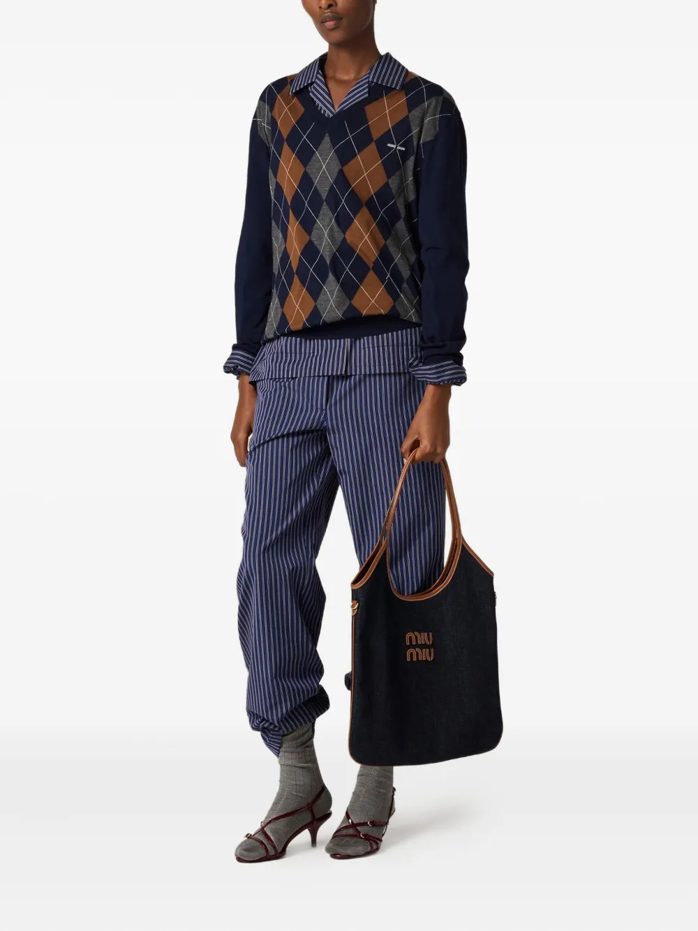 Miu Miu Ivy Leather-trimmed Denim Shoulder Bag In Blue