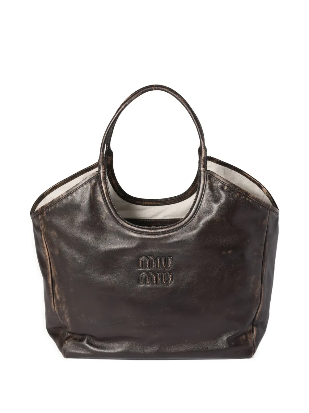 Miu Miu Ivy Leather Logo Tote Bag In Brown