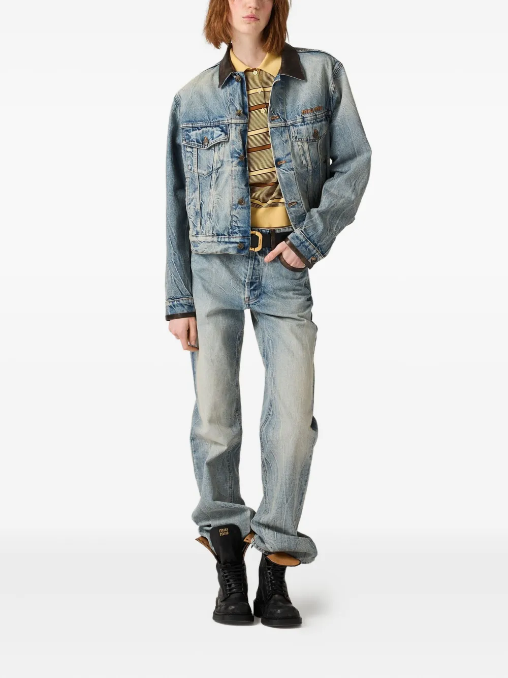 Miu Denim jack met leren kraag Blauw