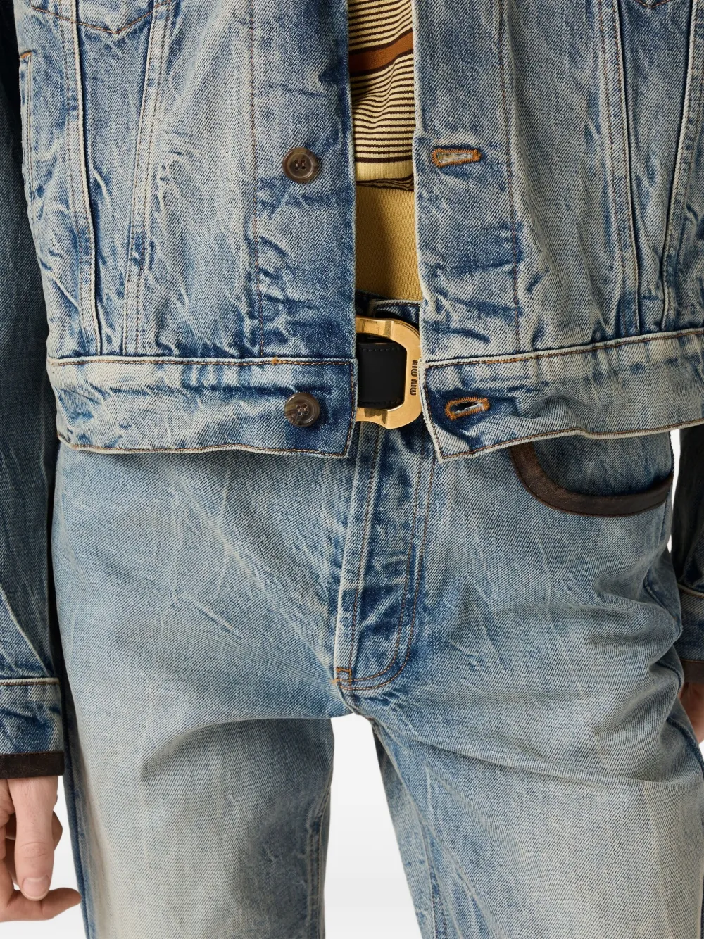 Miu Denim jack met leren kraag Blauw