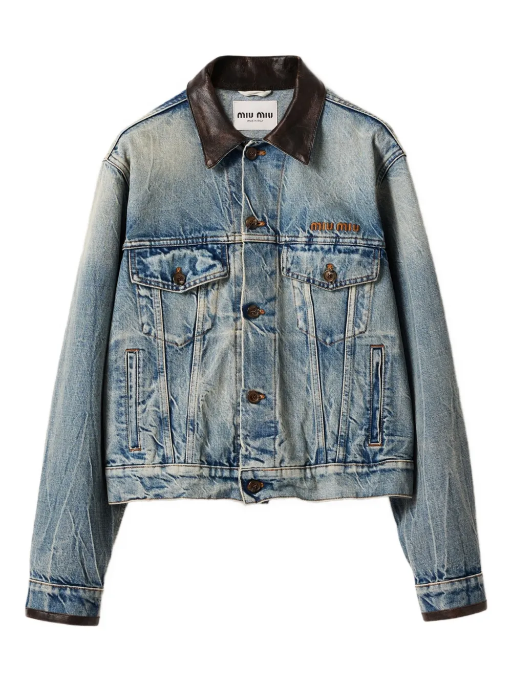 Miu Denim jack met leren kraag Blauw