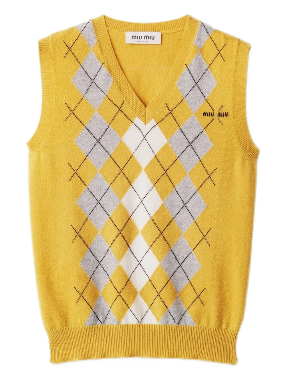 Miu Miu Argyle Intarsia Cashmere Vest In Yellow