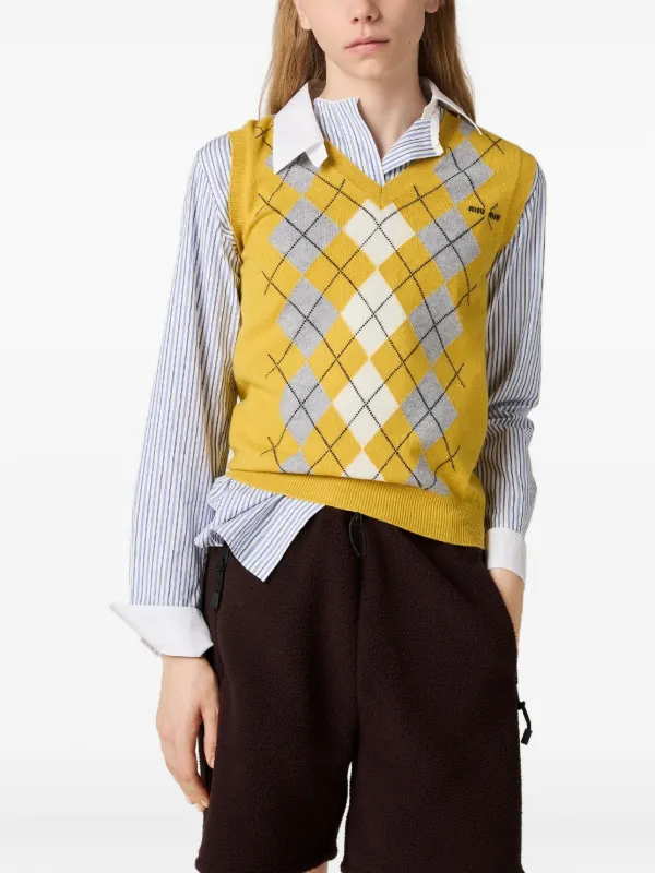 miu miu アーガイル柄 ベスト Miu Miu アーガイル カシミアベスト | イエロー | FARFETCH JP