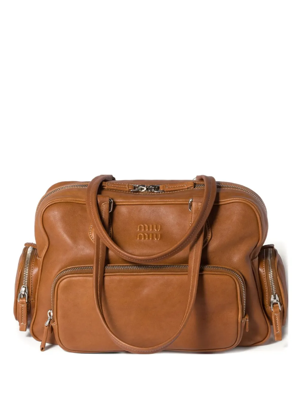 Miu Pocket leather zipped tote bag Bruin