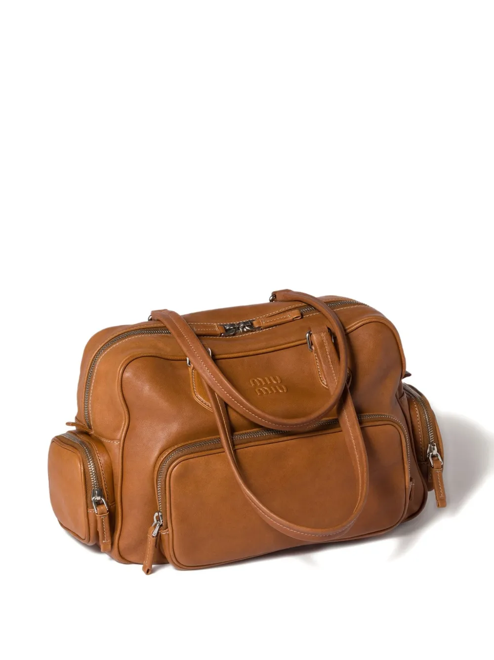 Miu Pocket leather zipped tote bag Bruin