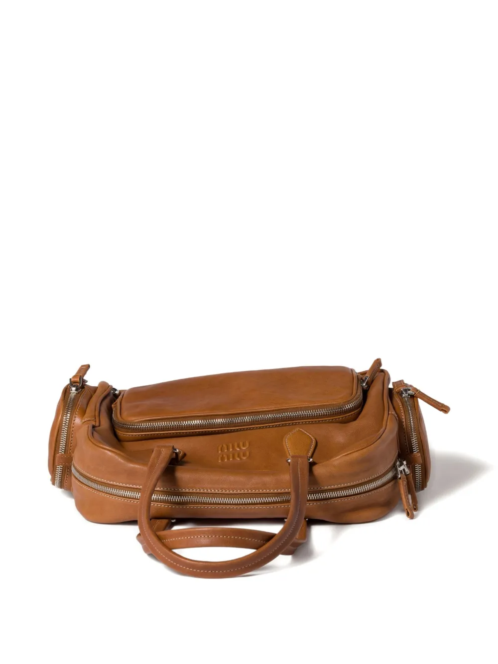 Miu Pocket leather zipped tote bag Bruin