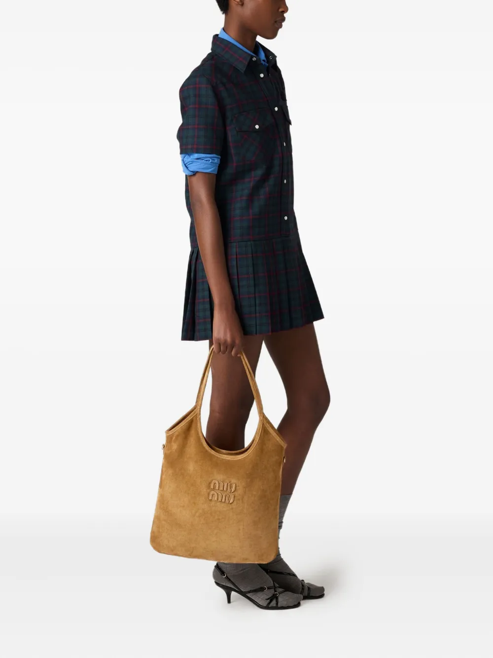 Miu Miu Ivy suède schoudertas met logodetail - Bruin