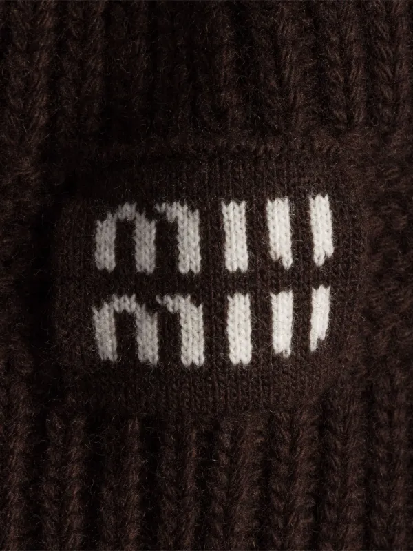 Miu Miu logo-detail Knit Beanie | Brown | FARFETCH