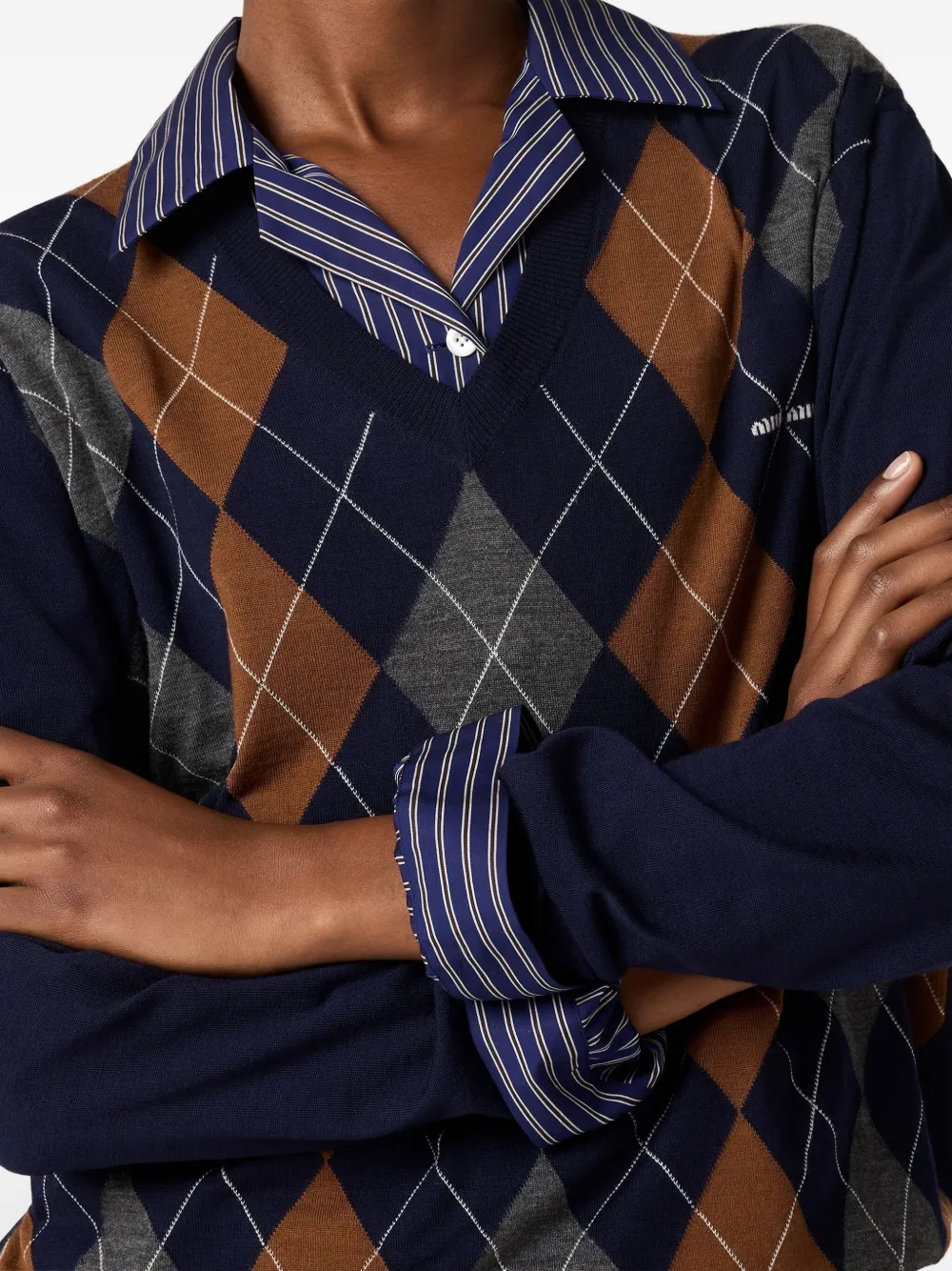 Miu argyle V-neck wool sweater Blauw