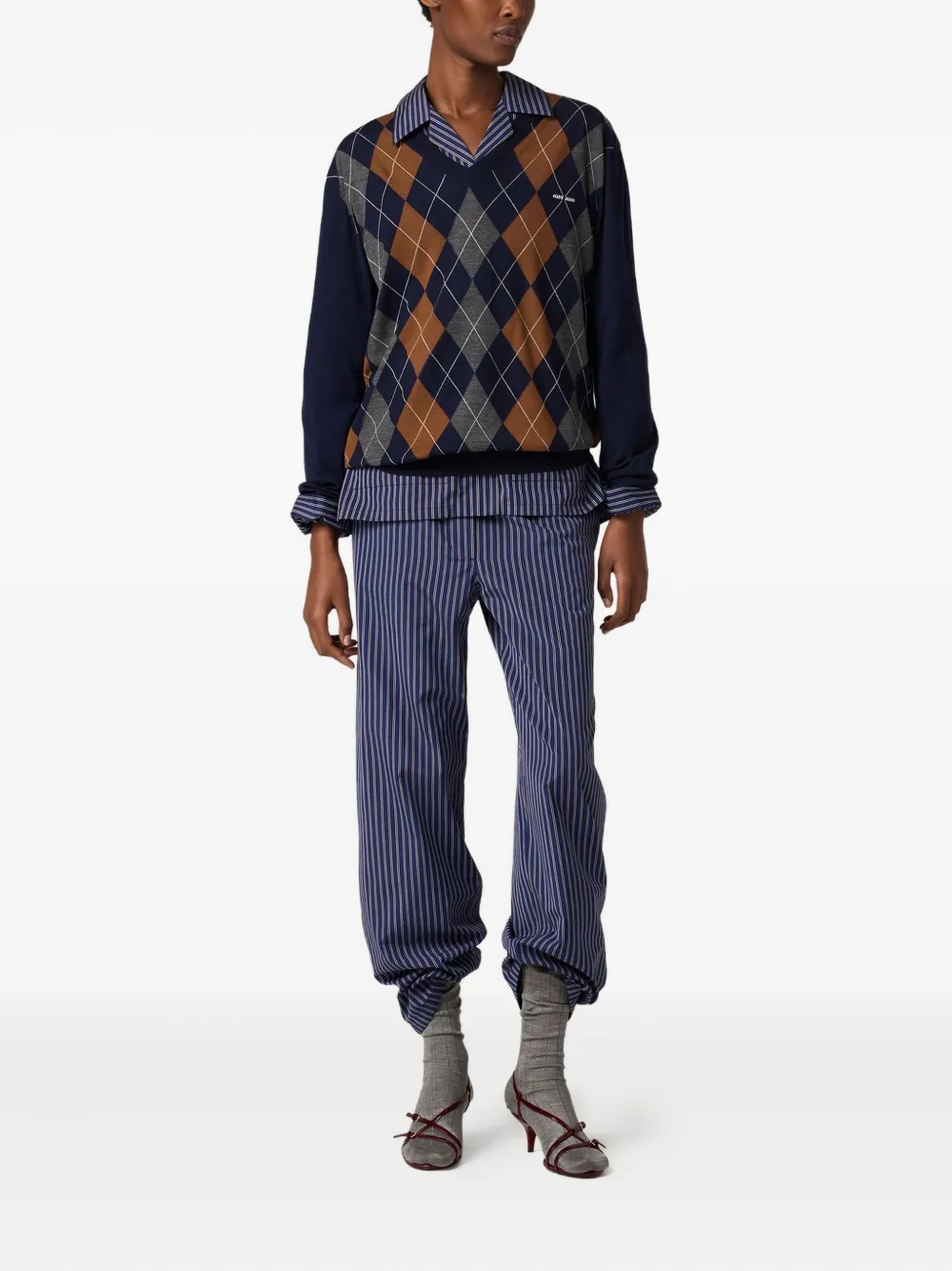 Miu argyle V-neck wool sweater Blauw