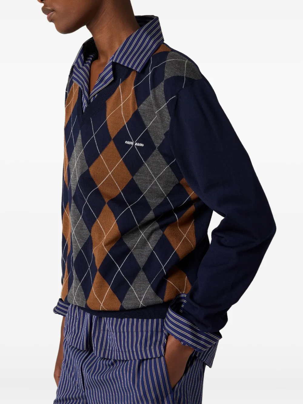 Miu argyle V-neck wool sweater Blauw
