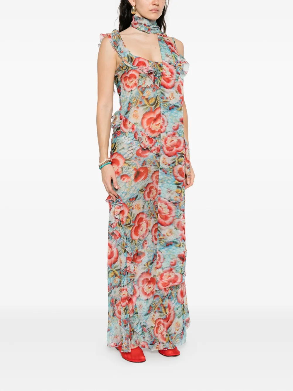 SIEDRES Jurk met bloemenprint en ruches Blauw