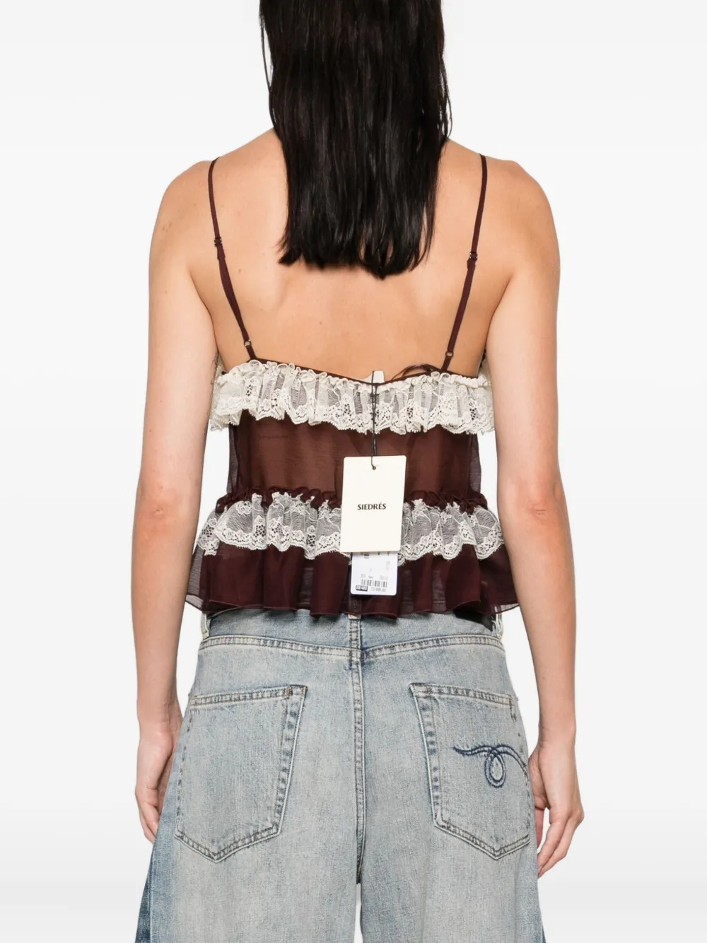 SIEDRES Rona top met ruches en kant Bruin