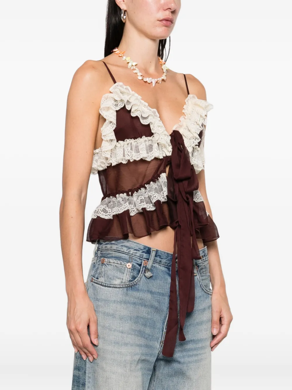 SIEDRES Rona top met ruches en kant Bruin