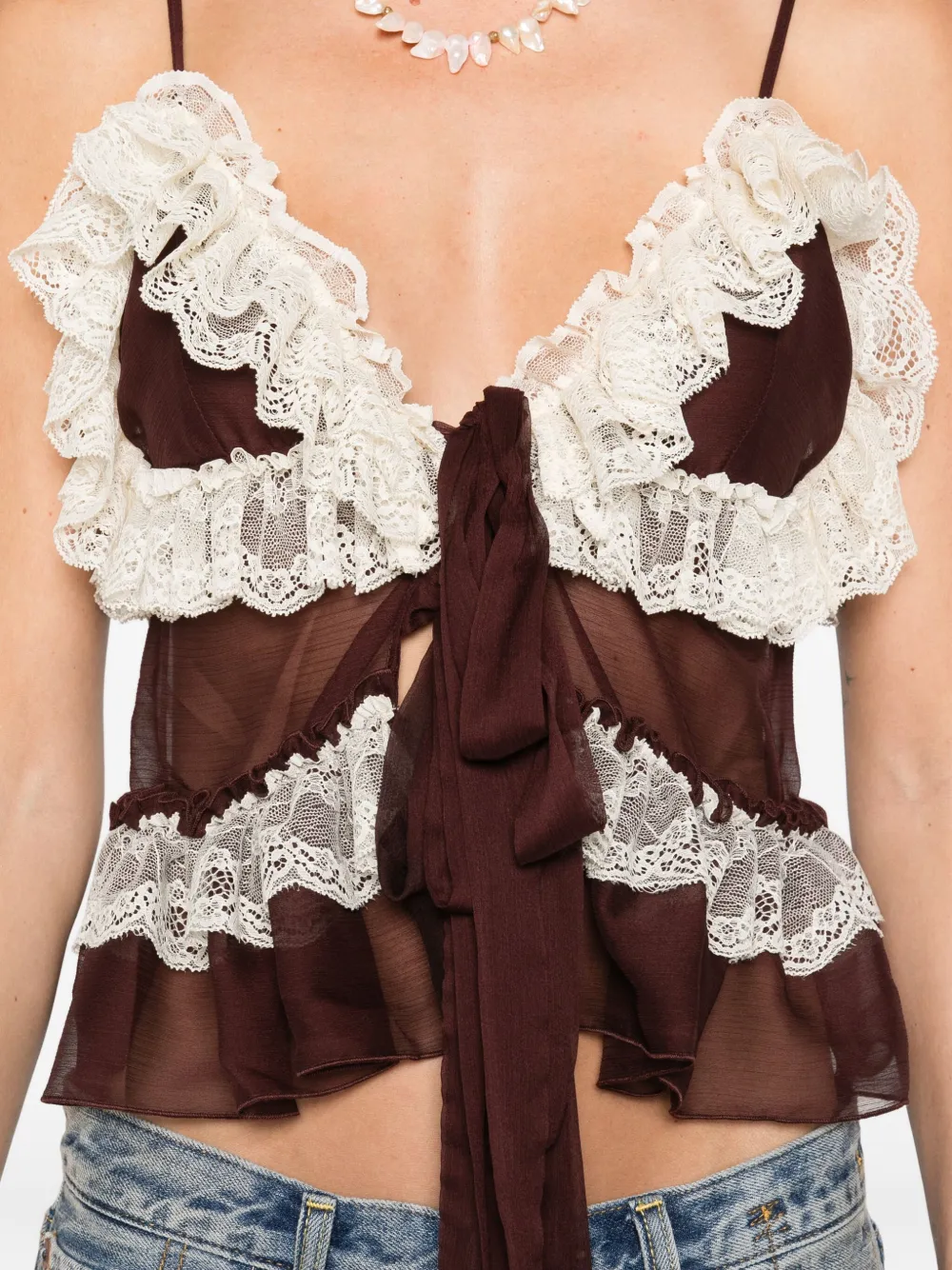 SIEDRES Rona top met ruches en kant Bruin