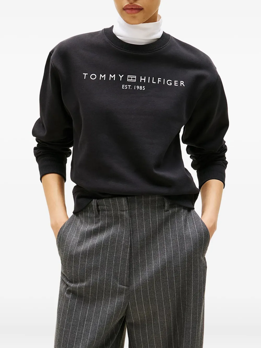 Tommy Hilfiger Embroidered Sleeve Logo Crewneck Sweatshirt In Black
