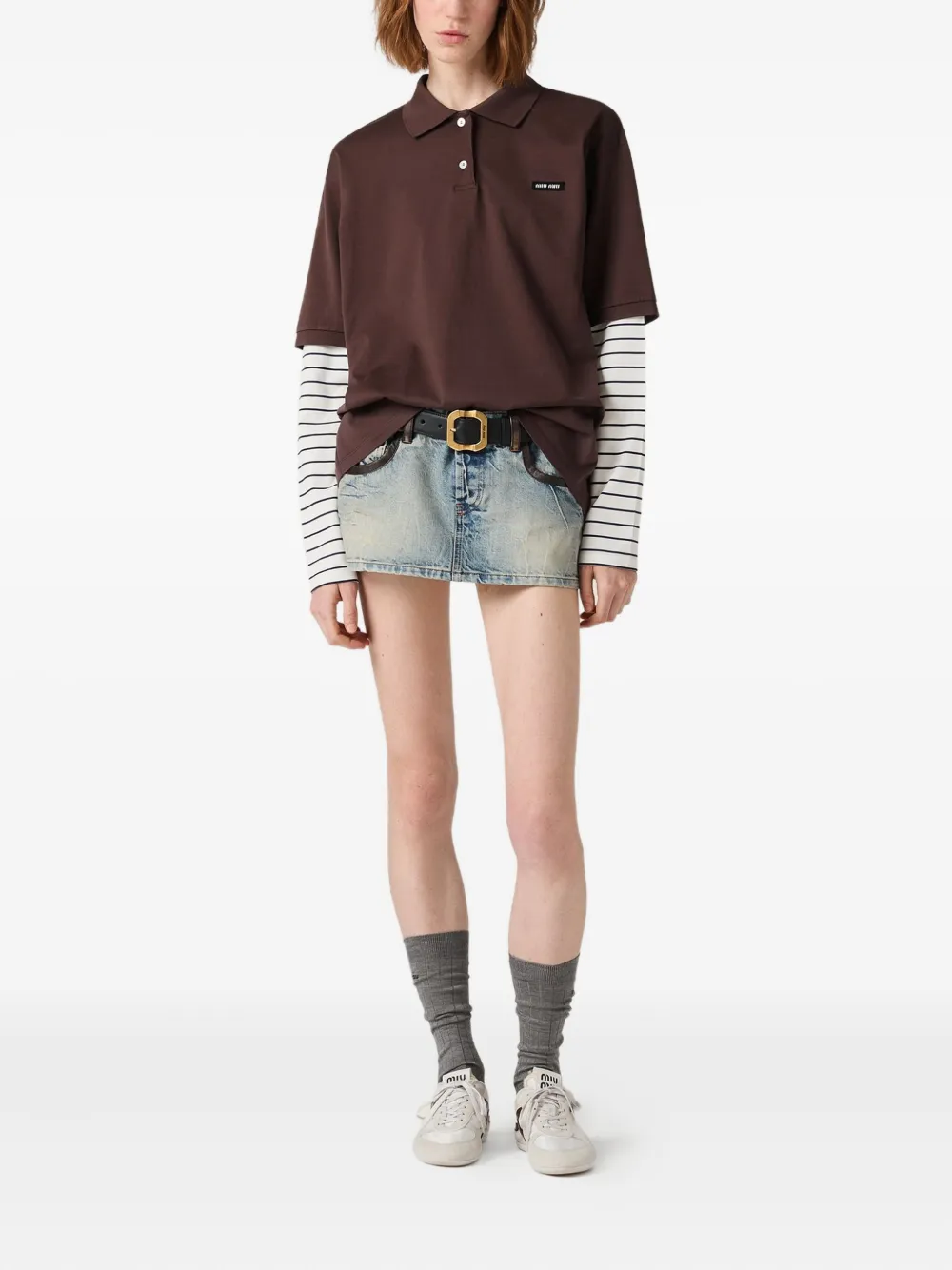 Miu Poloshirt met gestreepte mouwen Bruin