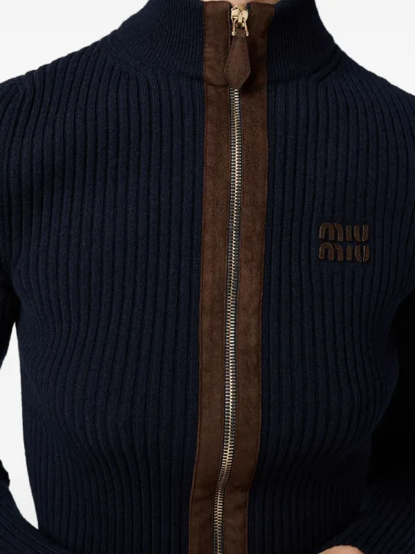 Miu Miu leather-trim Ribbed zip-up Cardigan | Blue | FARFETCH