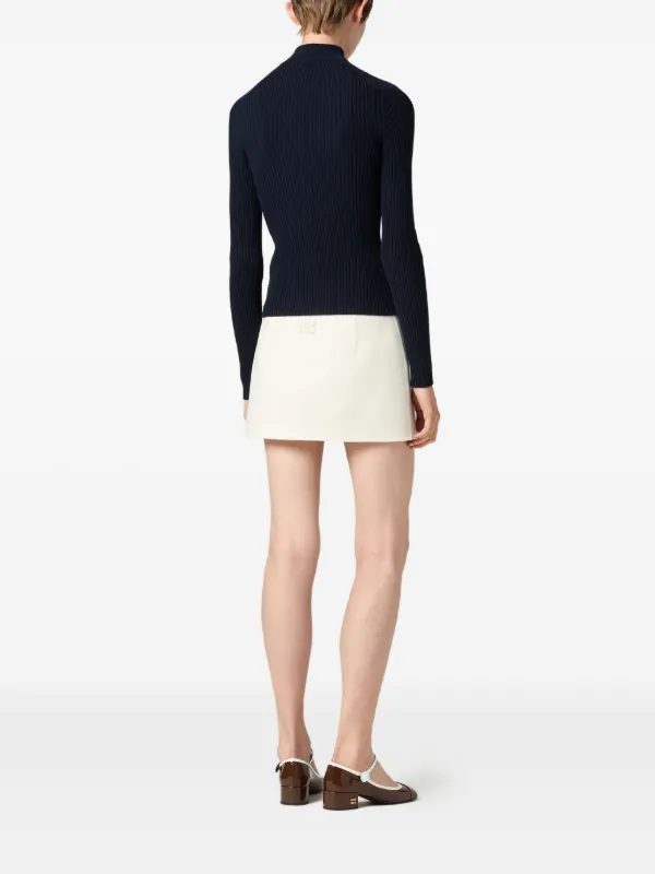 Miu Miu leather-trim Ribbed zip-up Cardigan | Blue | FARFETCH