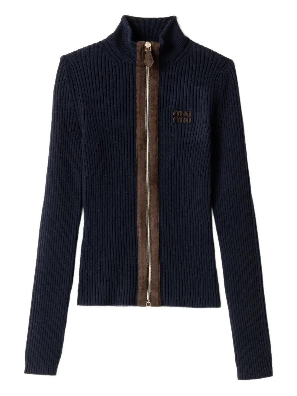 Miu Miu leather-trim ribbed zip-up cardigan | Blue | Image 1