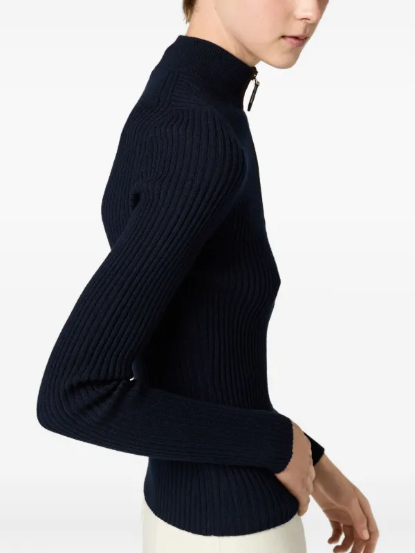 Miu Miu leather-trim Ribbed zip-up Cardigan | Blue | FARFETCH