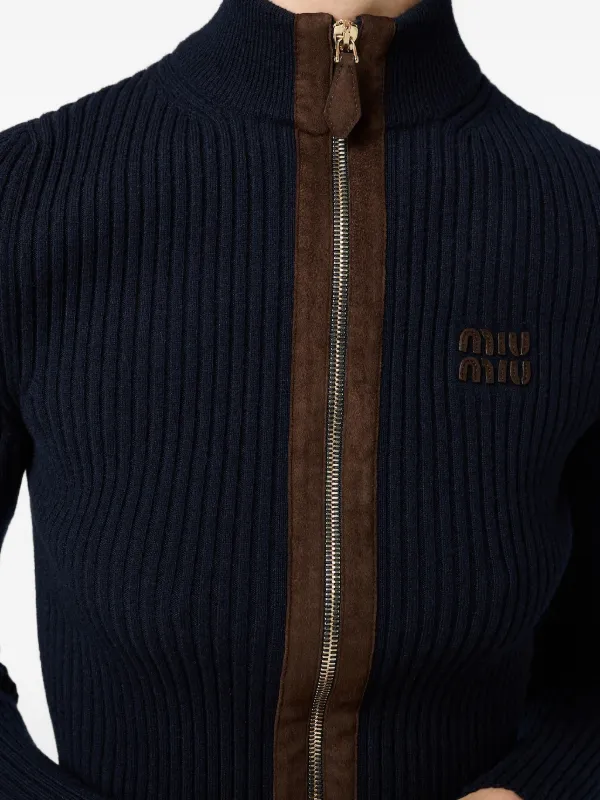 Miu Miu Cashmere And Leather Zipper Cardigan | Blue | FARFETCH JO