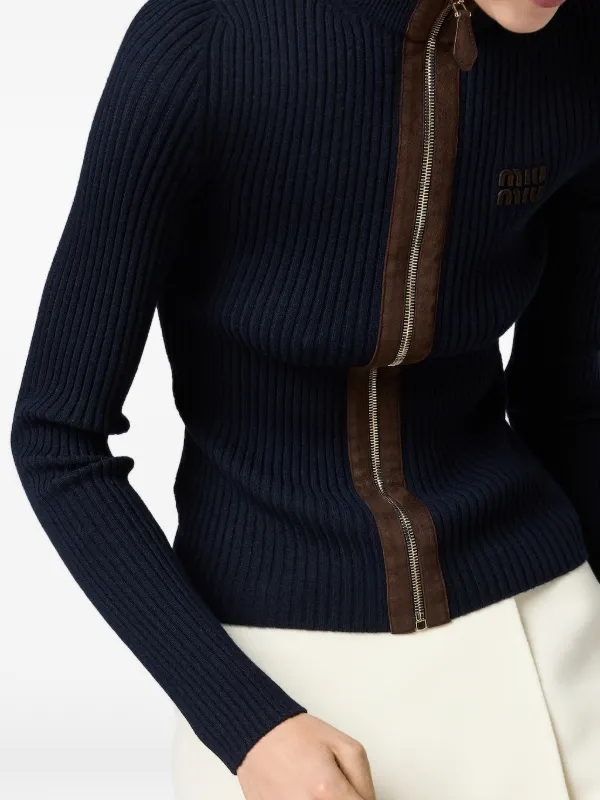 Miu Miu Cashmere And Leather Zipper Cardigan | Blue | FARFETCH
