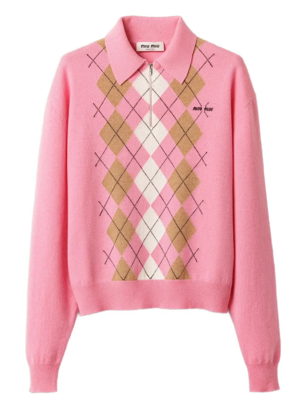 Miu Miu Argyle Intarsia-knit Half-zip Sweater In Pink
