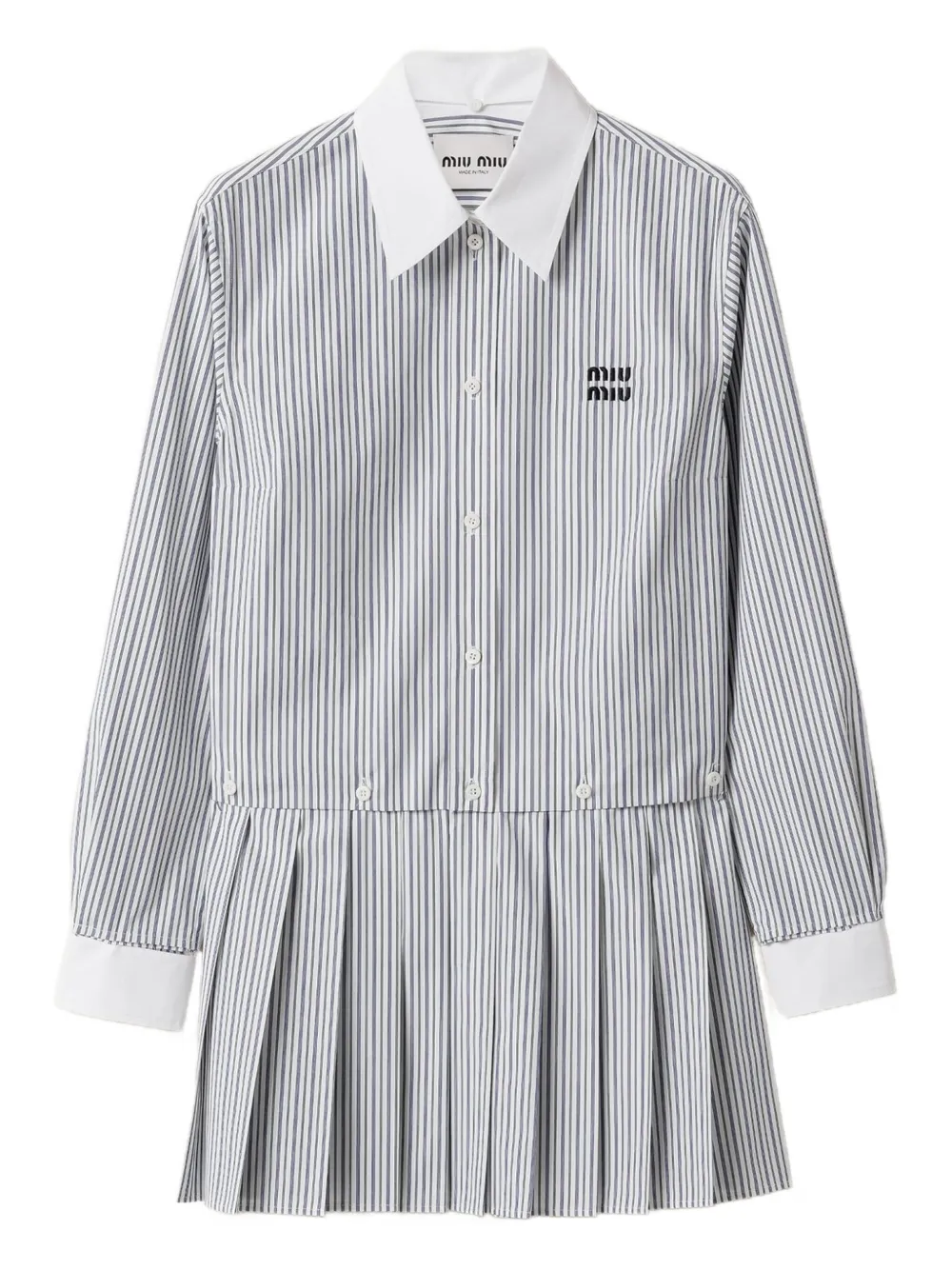 Miu pleated striped mini shirt dress Wit