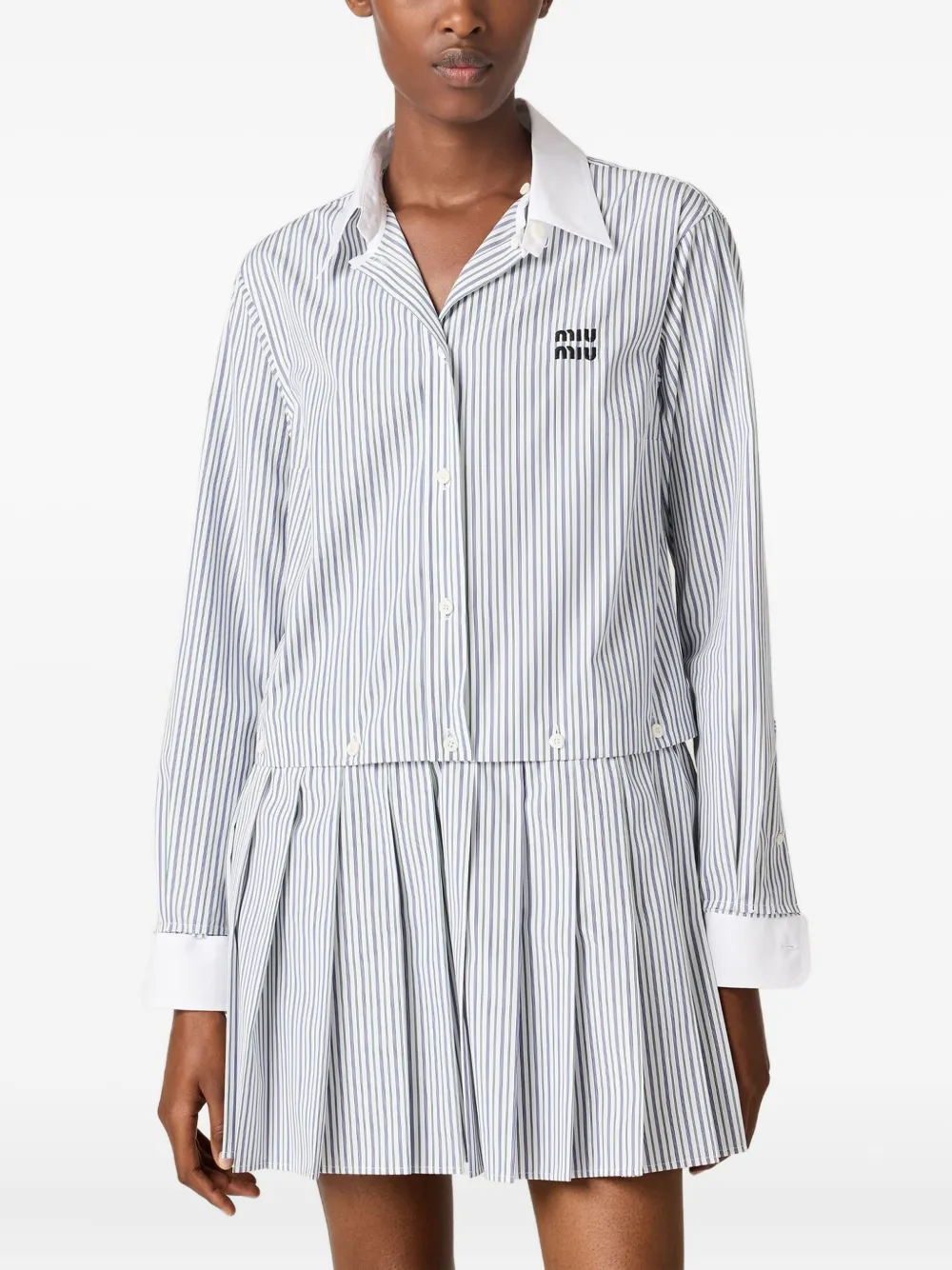 Miu pleated striped mini shirt dress Wit