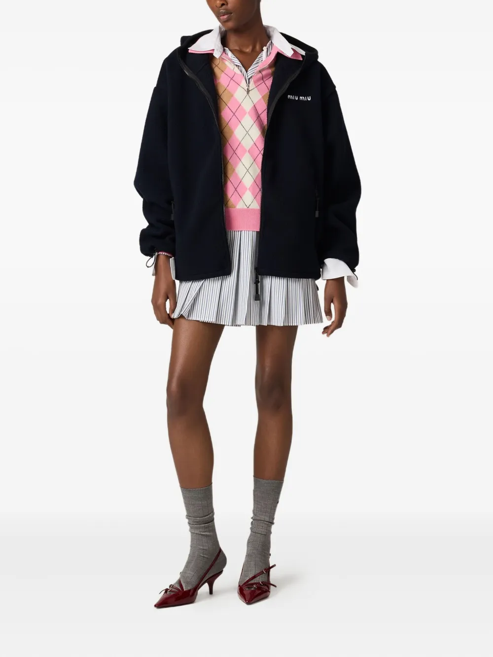 Miu pleated striped mini shirt dress Wit