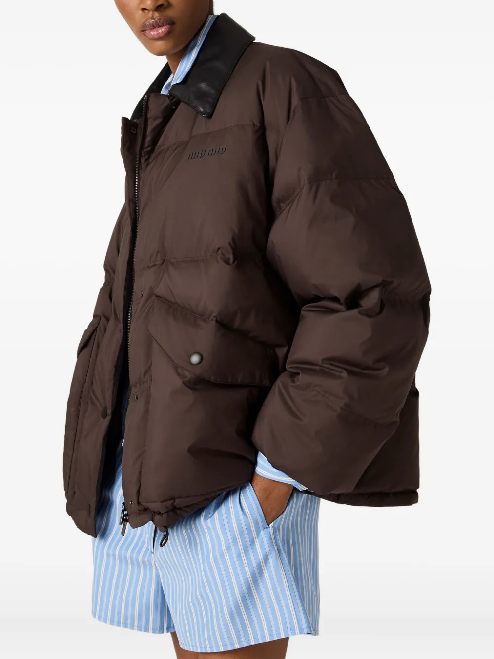 Miu Miu Women Down Jacket With Leather Collar In Brown