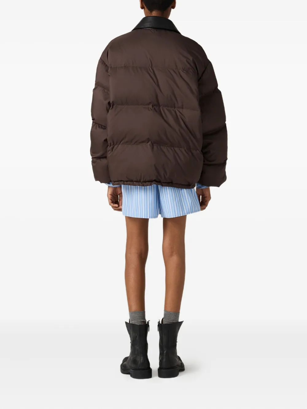 Miu Miu Women Down Jacket With Leather Collar In Brown