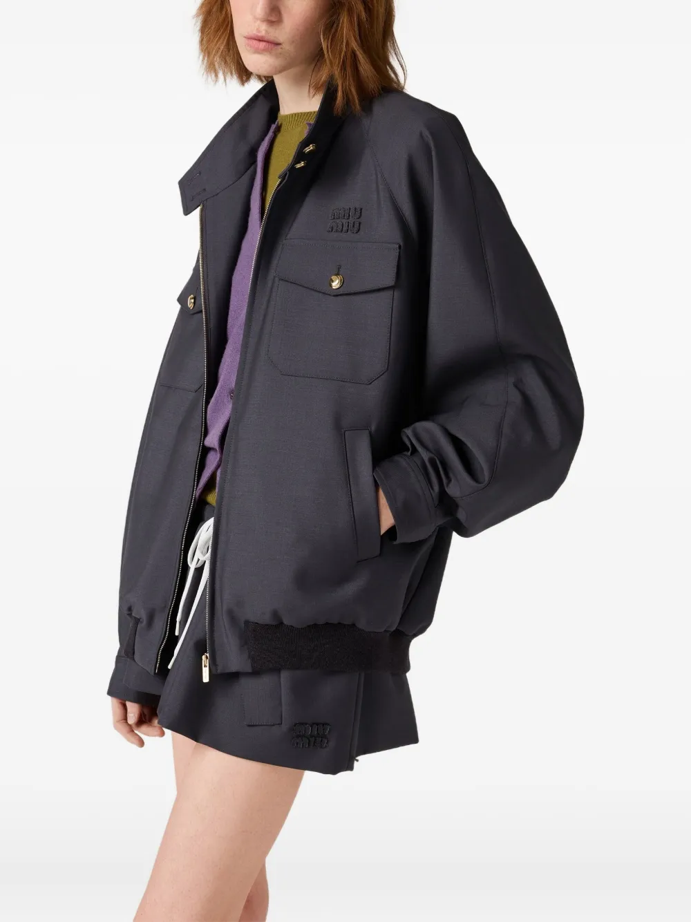 Miu Miu Embroidered Logo Ribbed-knit Jacket In Gray