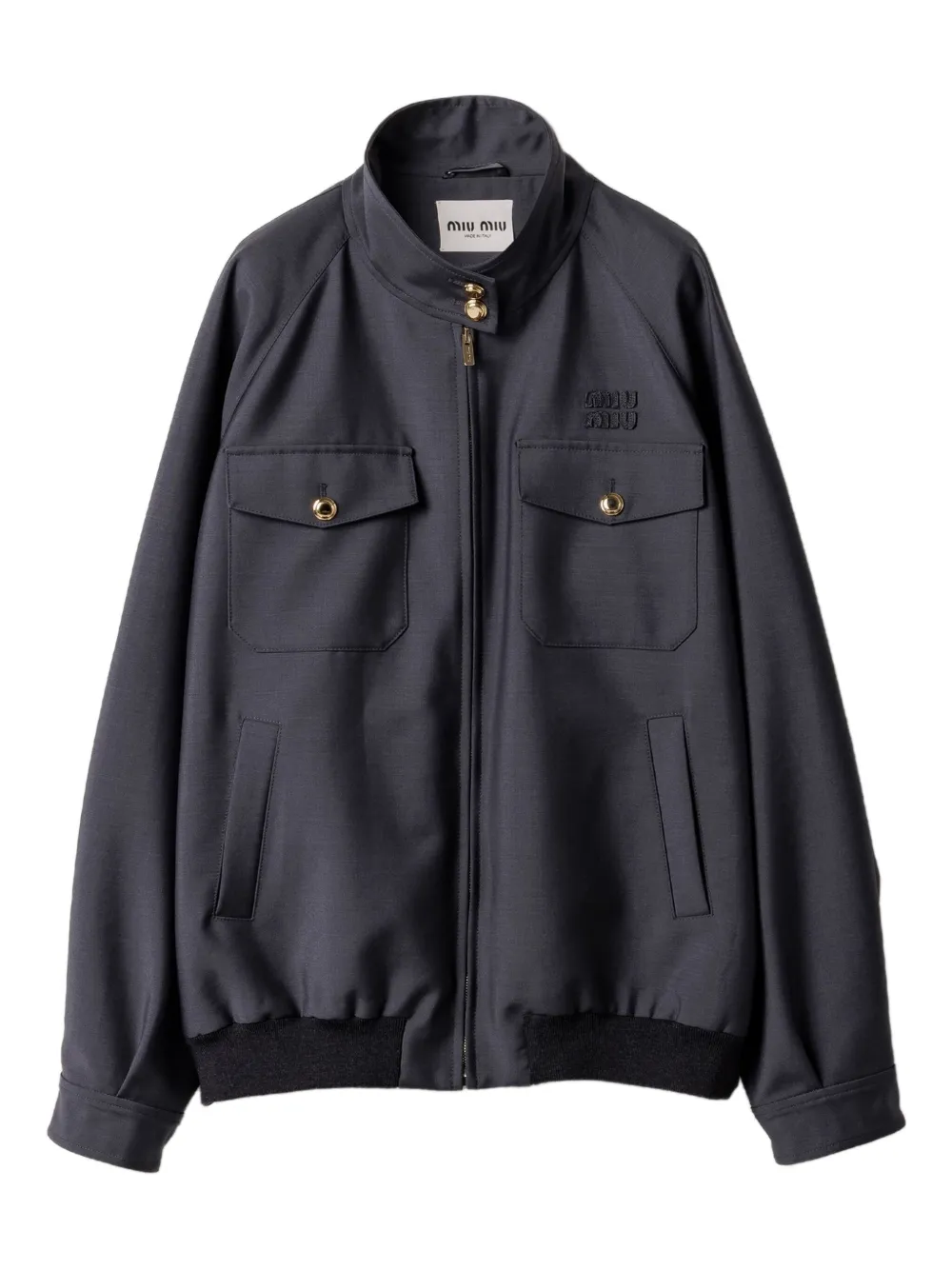 Miu Miu Embroidered Logo Ribbed-knit Jacket In Gray