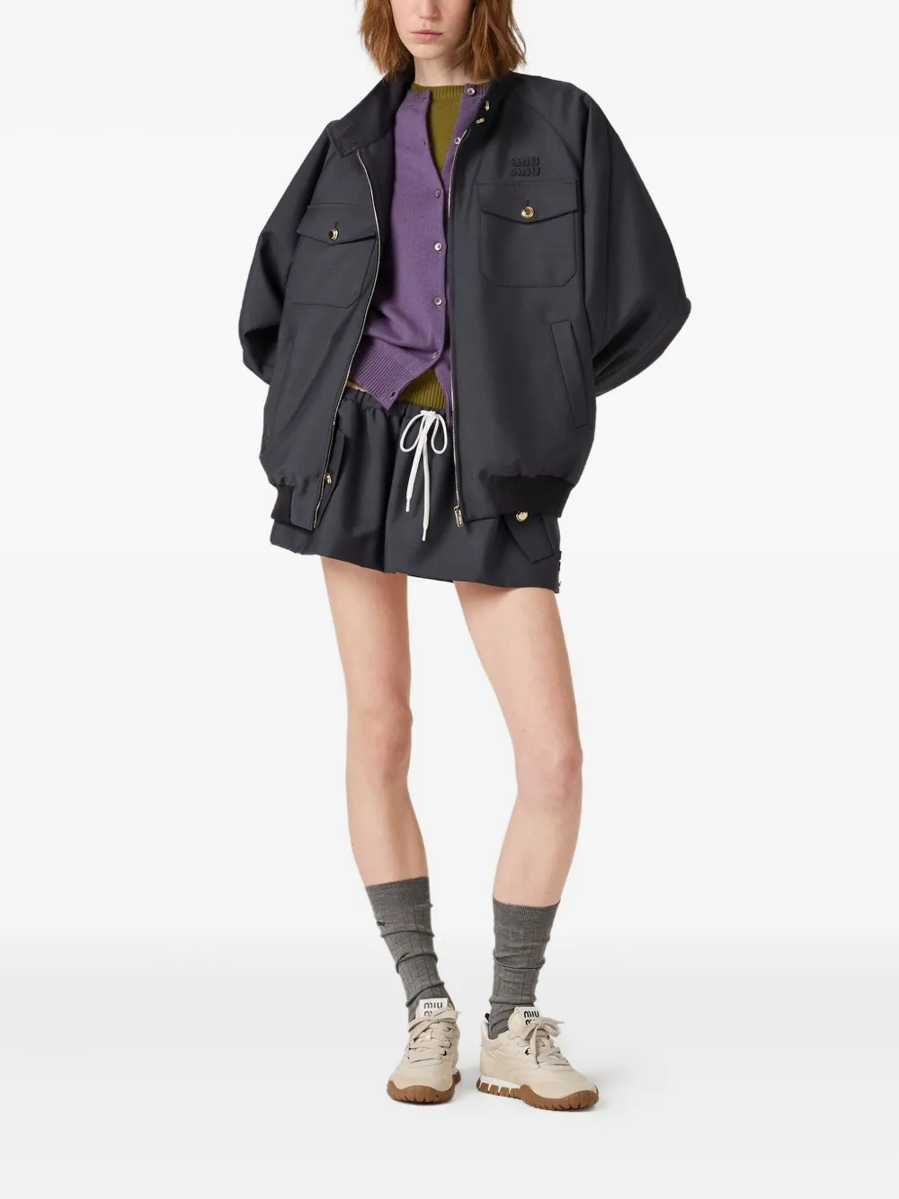 Miu Miu Embroidered Logo Ribbed-knit Jacket In Gray