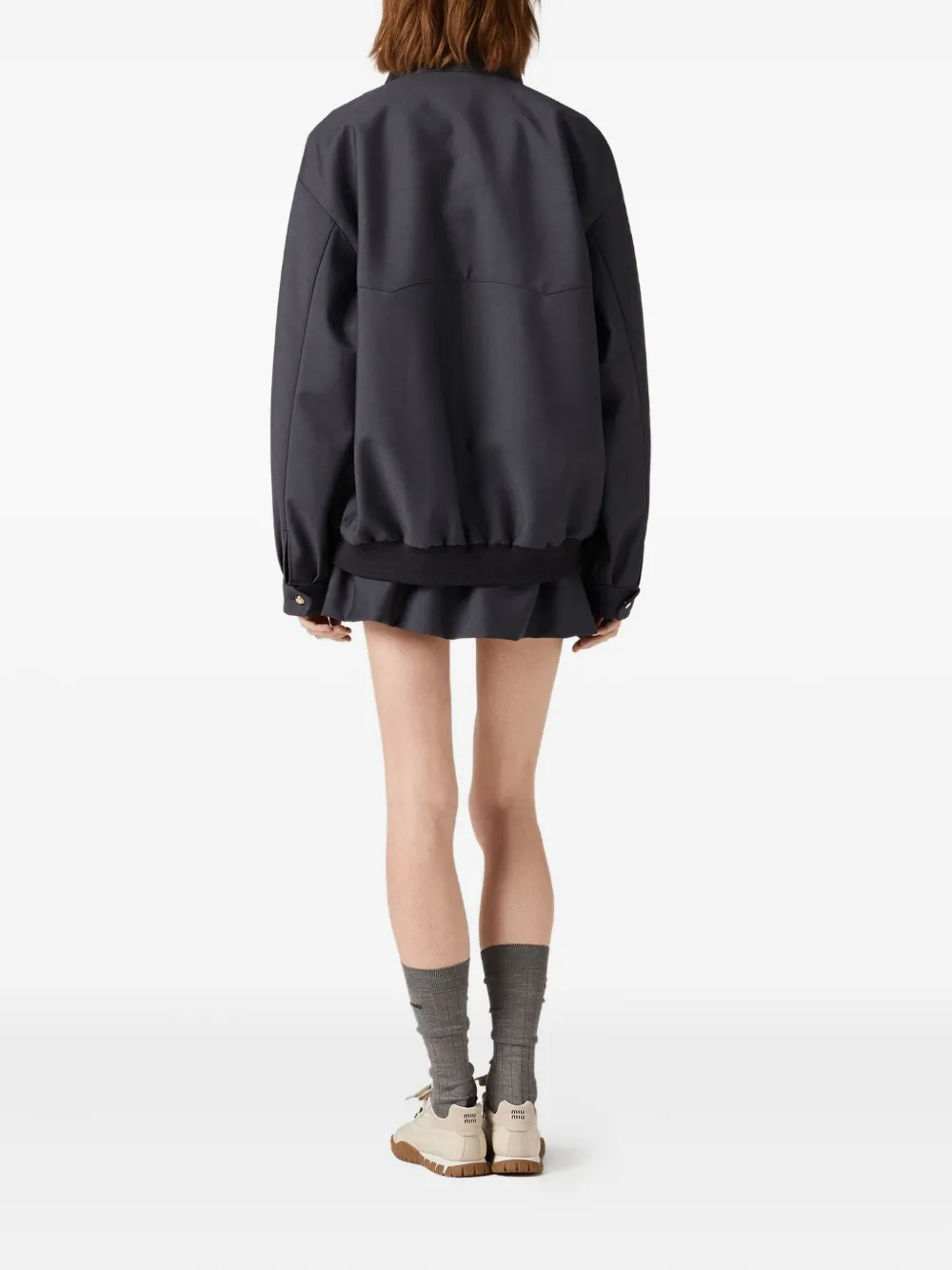 Miu Miu Embroidered Logo Ribbed-knit Jacket In Gray