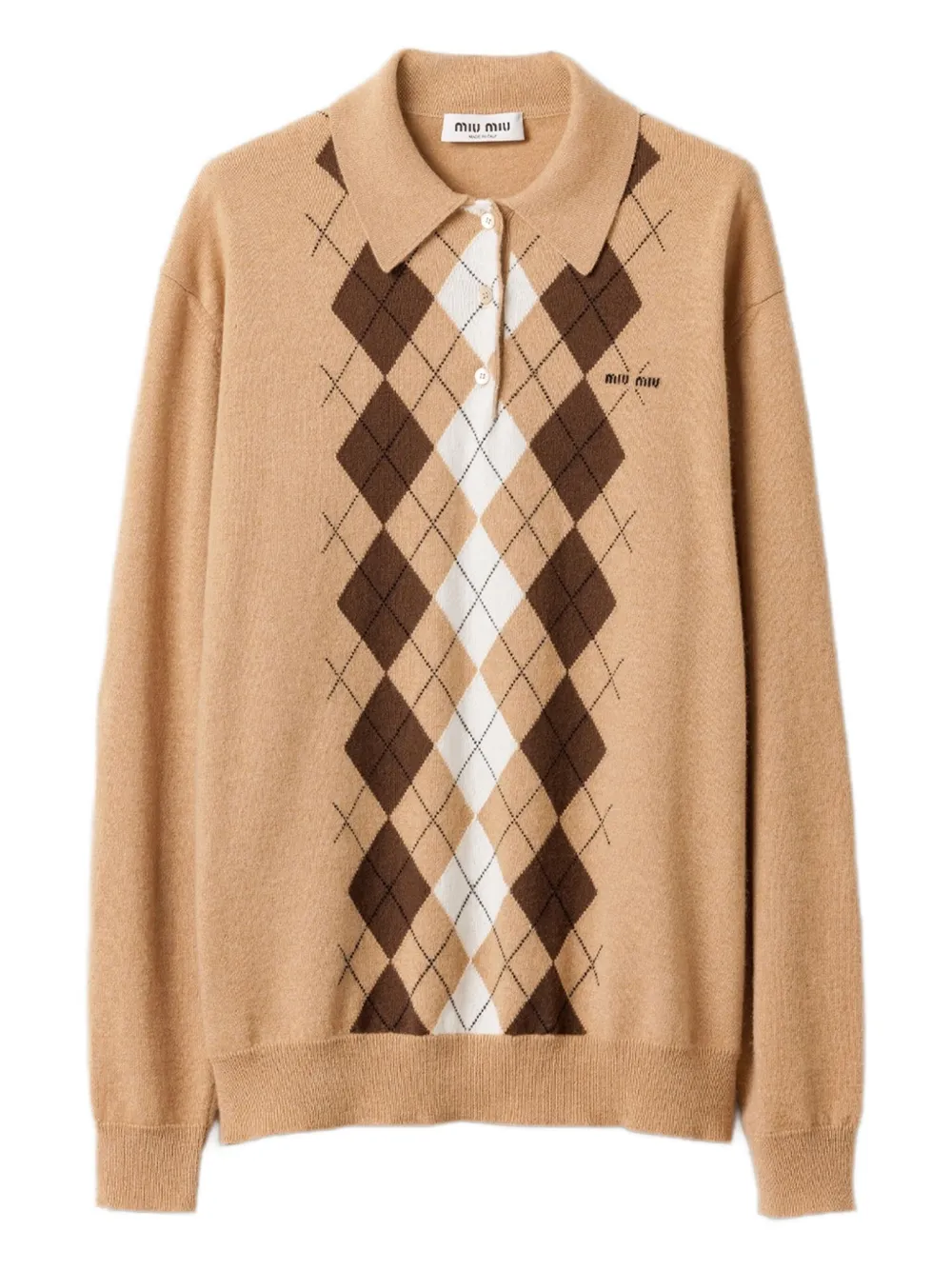 Miu Miu Argyle Three-button Polo Sweater In Brown
