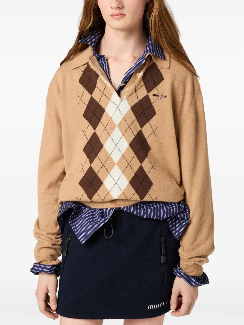 Miu Miu Argyle Pattern Cashmere Sweater With Polo Collar In Multi