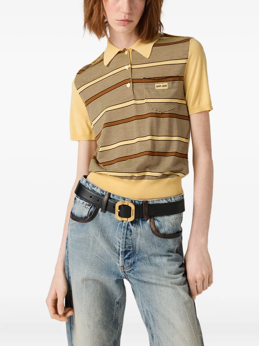 Miu Gestreept poloshirt met intarsia logo Geel