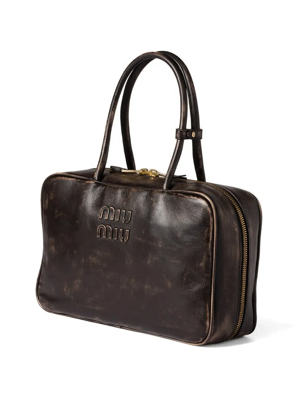 Miu Beau leren schoudertas met logo-reliëf Bruin