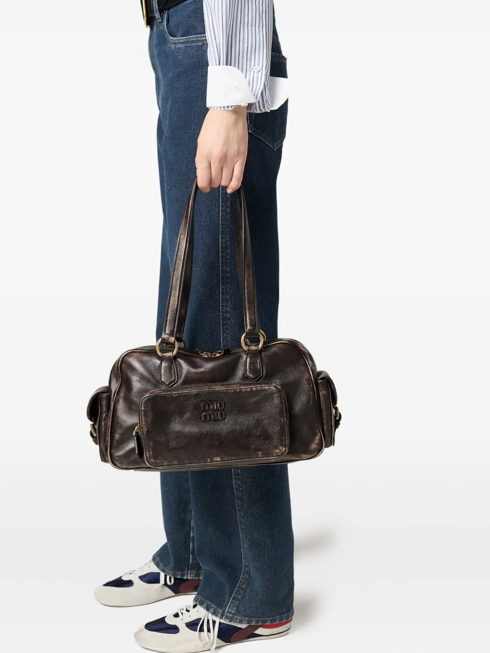 Miu Miu Pocket shopper met logo-reliëf - Bruin