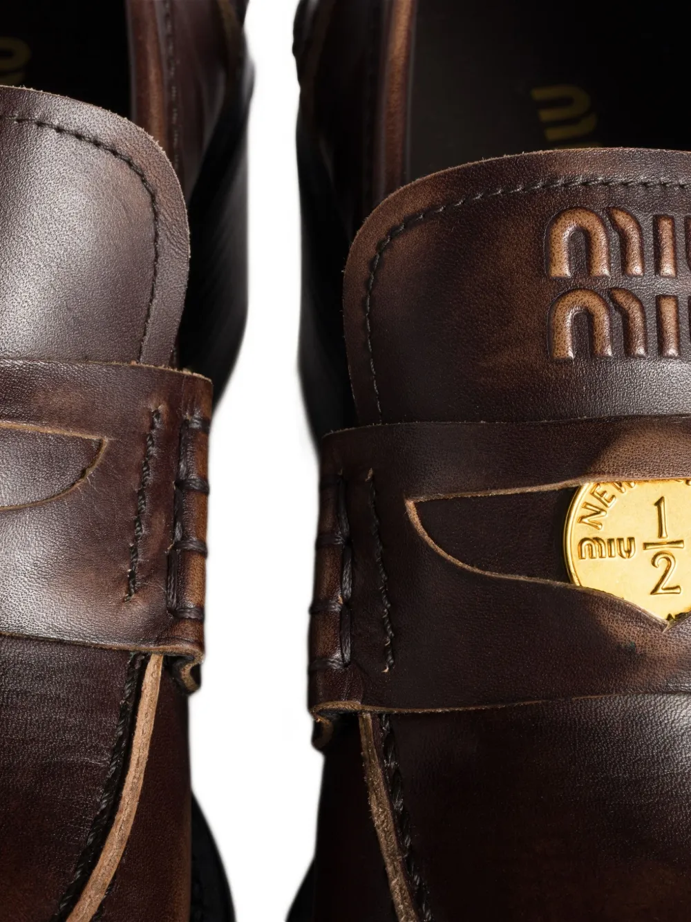 Miu 50mm leather band coin loafers Brown