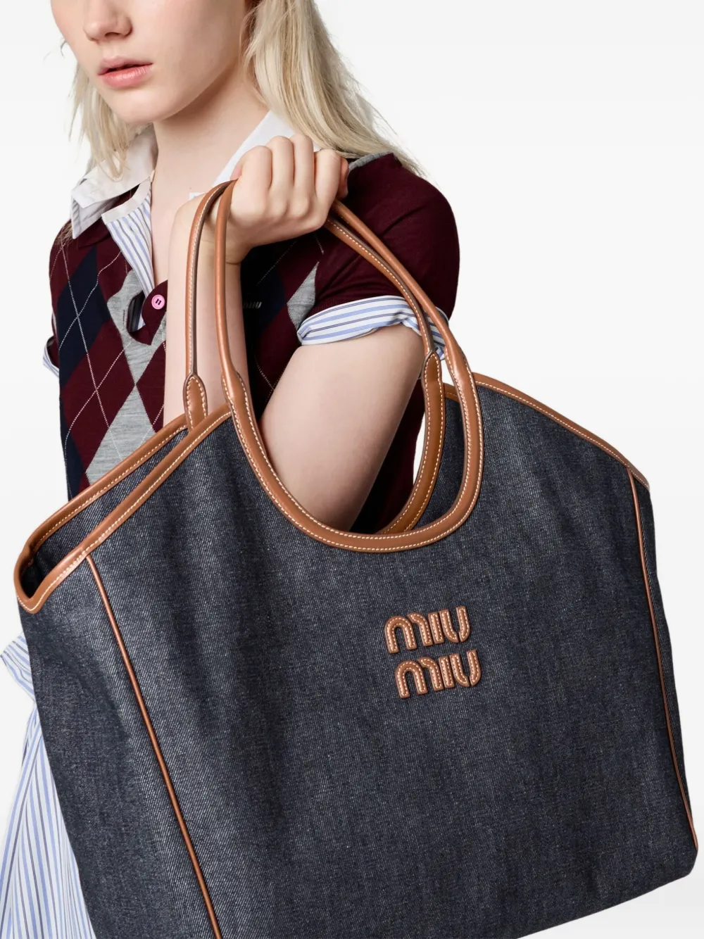 Miu Ivy schoudertas met leren afwerking Blauw